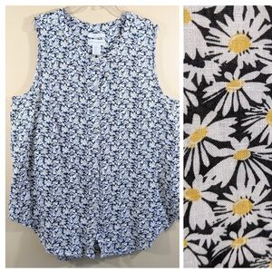 Cynthia Rowley Blouse Daisy Print 100% Linen Button Down Sleeveless Whit…